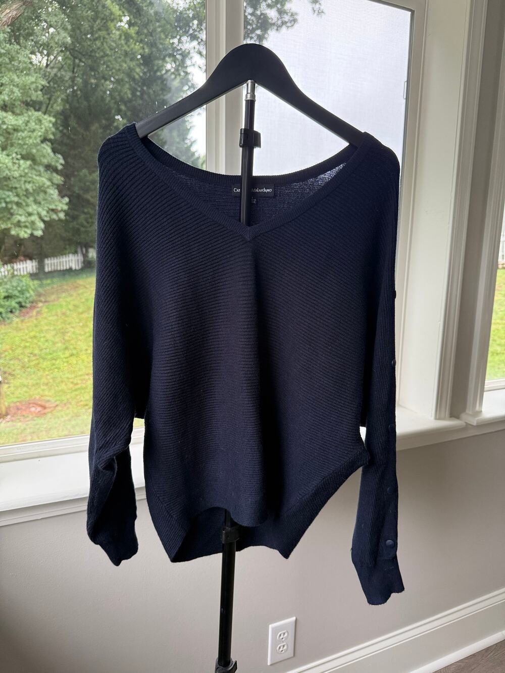 Navy Rib Knit V Neck Sweater Snap Button Sleeve Catherine Malandrino Small
